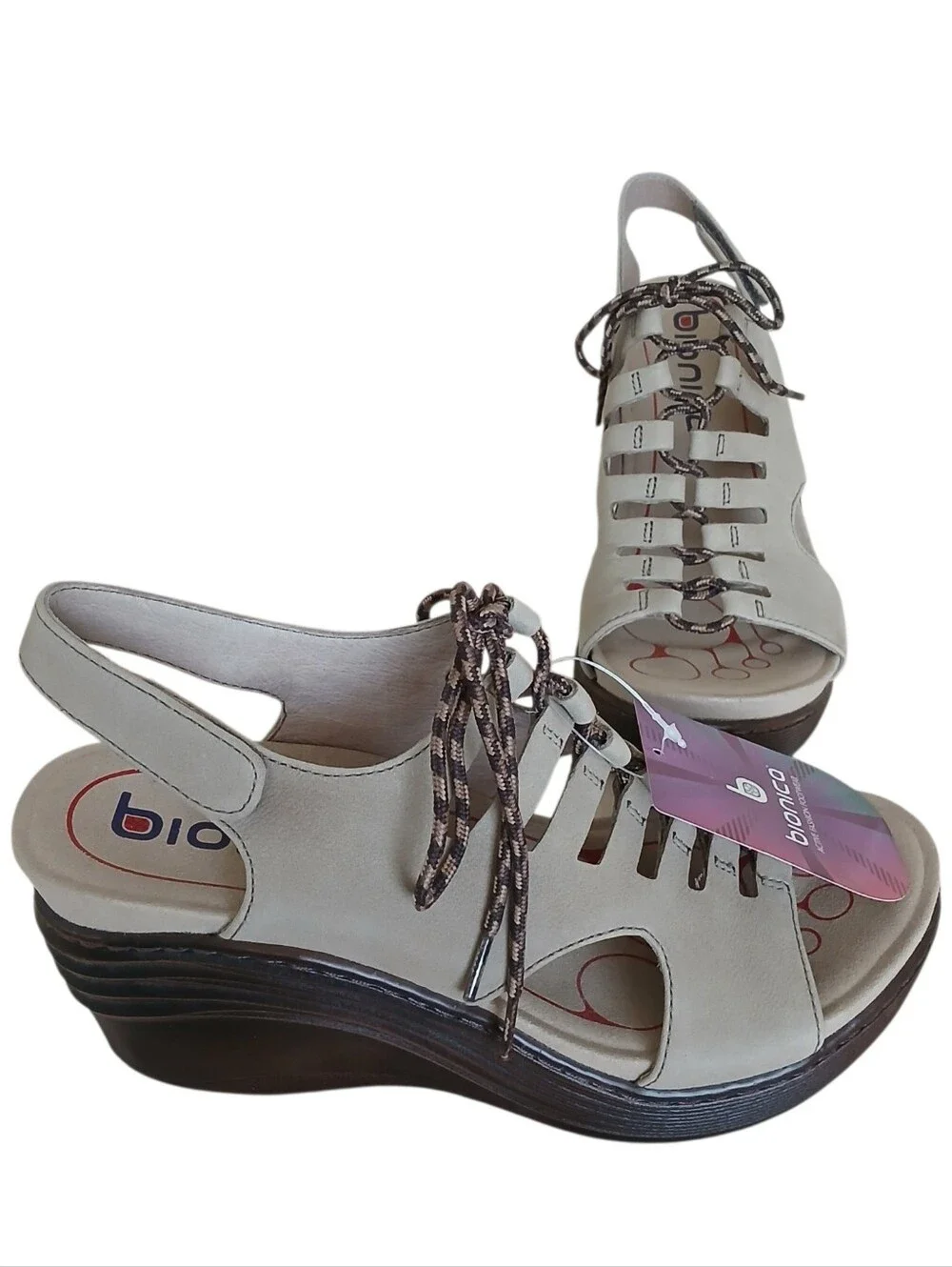 NEW BIONICA Sirus Leather Lace Up Wedge Sandals Women's 7.5 Beige Comfort Chunky